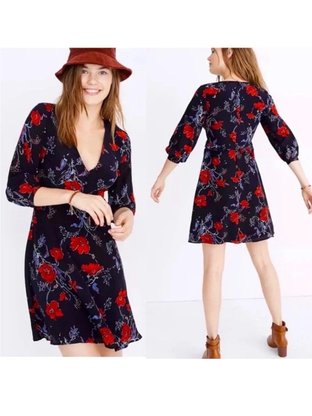 Madewell Black Mini Dress with Red Floral Print